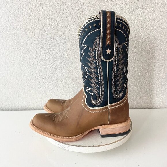 Lane RODEO HOUSTON Mens Cowboy Boots Sz 11 Brown Navy Leather Western Blunt Toe - Picture 4 of 11